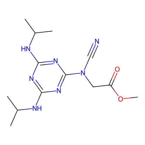 methyl 2-(N-(4,6-bis(isopropylamino)-1,3,5-triazin-2-yl)cyanamido)acetate structure