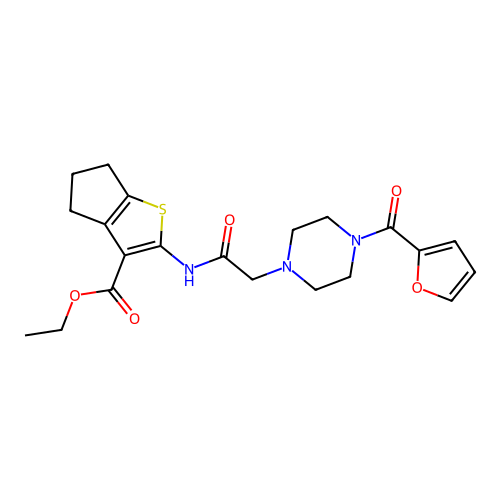 Ethyl 2-(2-(4-(furan-2-carbonyl)piperazin-1-yl)acetamido)-5,6-dihydro-4H-cyclopenta[b]thiophene-3-carboxylate structure