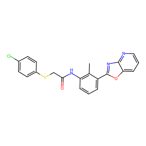 2-(4-chlorophenyl)sulfanyl-N-[2-methyl-3-([1,3]oxazolo[4,5-b]pyridin-2-yl)phenyl]acetamide structure