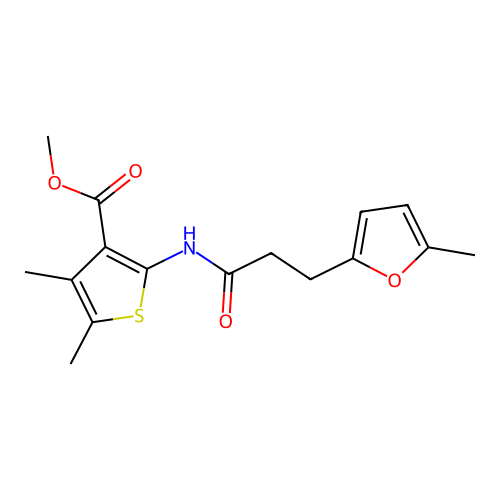 Methyl 4,5-dimethyl-2-(3-(5-methylfuran-2-yl)propanamido)thiophene-3-carboxylate structure