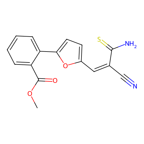 (Z)-methyl 2-(5-(3-amino-2-cyano-3-thioxoprop-1-en-1-yl)furan-2-yl)benzoate structure