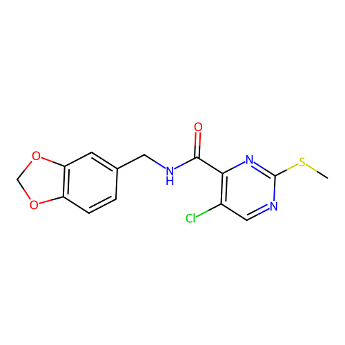 N-(1,3-benzodioxol-5-ylmethyl)-5-chloro-2-methylsulfanylpyrimidine-4-carboxamide structure