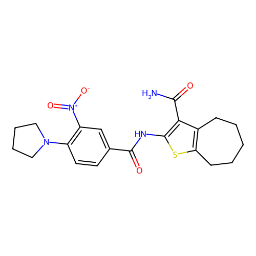 2-[(3-nitro-4-pyrrolidin-1-ylbenzoyl)amino]-5,6,7,8-tetrahydro-4H-cyclohepta[b]thiophene-3-carboxamide structure
