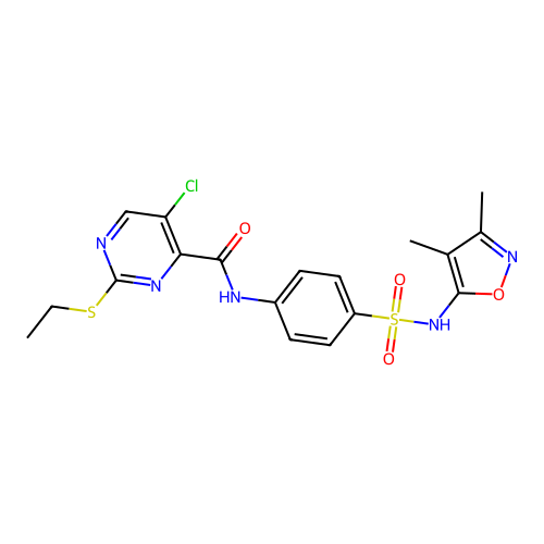 5-chloro-N-(4-{[(3,4-dimethyl-5-isoxazolyl)amino]sulfonyl}phenyl)-2-(ethylthio)-4-pyrimidinecarboxamide structure