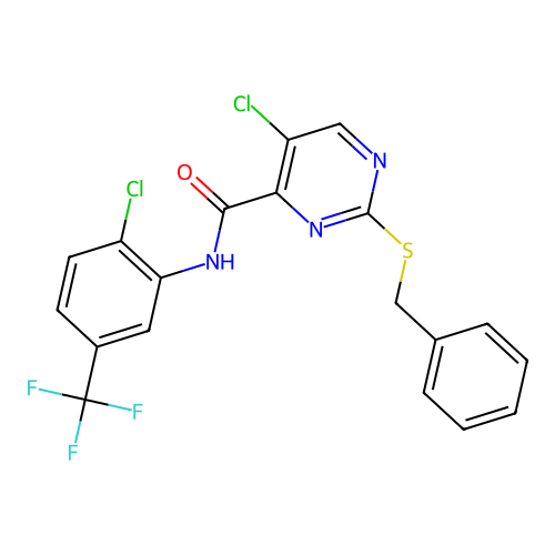 2-benzylsulfanyl-5-chloro-N-[2-chloro-5-(trifluoromethyl)phenyl]pyrimidine-4-carboxamide structure