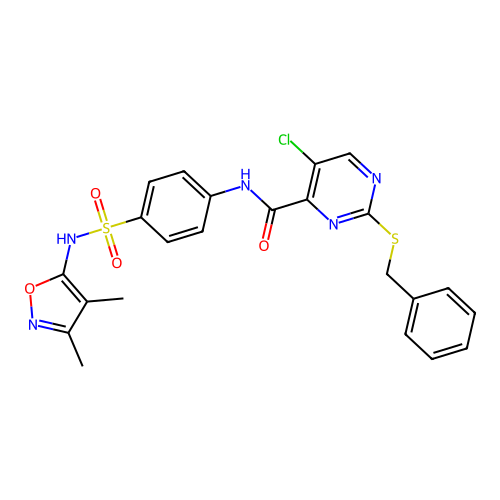 2-benzylsulfanyl-5-chloro-N-[4-[(3,4-dimethyl-1,2-oxazol-5-yl)sulfamoyl]phenyl]pyrimidine-4-carboxamide structure