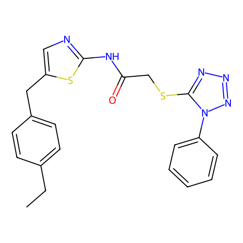 N-[5-[(4-ethylphenyl)methyl]-1,3-thiazol-2-yl]-2-(1-phenyltetrazol-5-yl)sulfanylacetamide structure