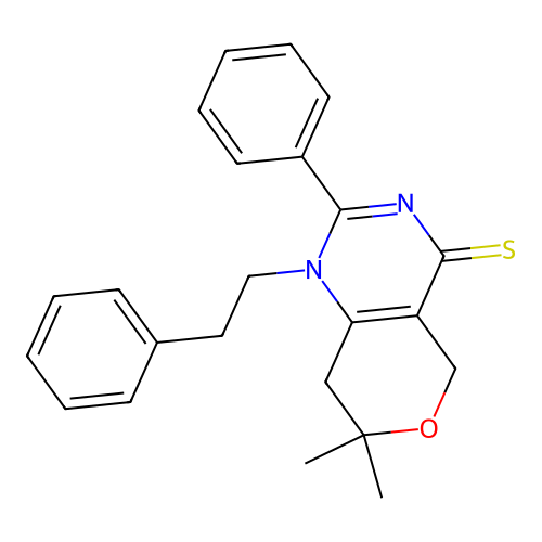 7,7-dimethyl-1-phenethyl-2-phenyl-5,8-dihydropyrano[4,3-d]pyrimidine-4-thione structure