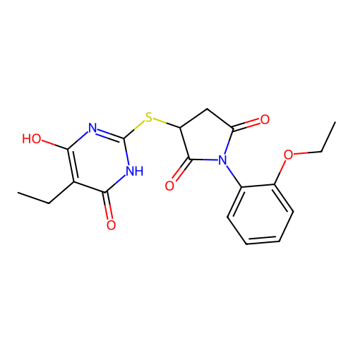 1-(2-ethoxyphenyl)-3-[(5-ethyl-4,6-dihydroxypyrimidin-2-yl)sulfanyl]pyrrolidine-2,5-dione structure