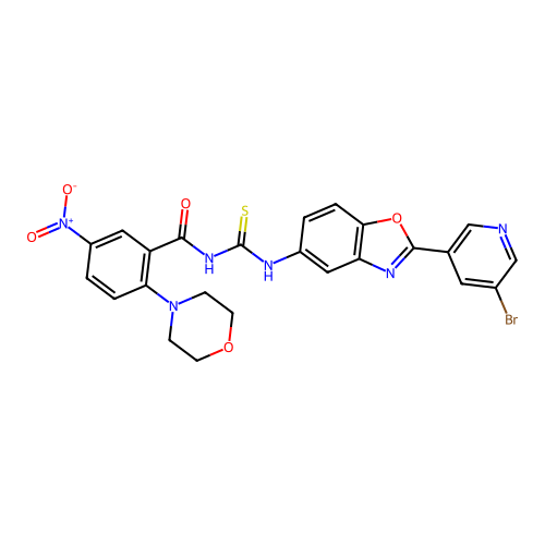 N-[[2-(5-bromopyridin-3-yl)-1,3-benzoxazol-5-yl]carbamothioyl]-2-morpholin-4-yl-5-nitrobenzamide structure