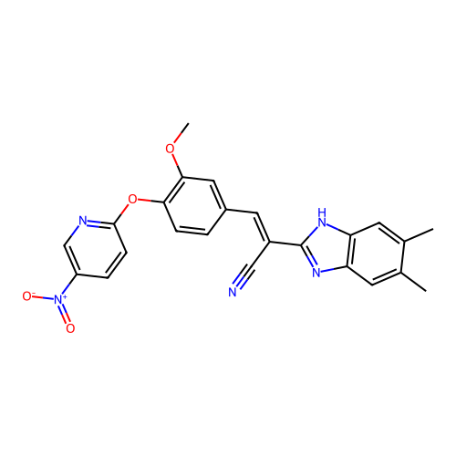 (2E)-2-(5,6-dimethyl-1H-benzimidazol-2-yl)-3-{3-methoxy-4-[(5-nitropyridin-2-yl)oxy]phenyl}prop-2-enenitrile structure