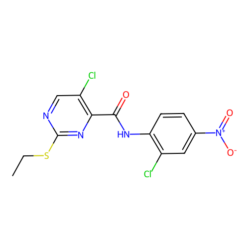 5-chloro-N-(2-chloro-4-nitrophenyl)-2-ethylsulfanylpyrimidine-4-carboxamide structure