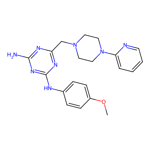 N-(4-methoxyphenyl)-6-{[4-(2-pyridinyl)-1-piperazinyl]methyl}-1,3,5-triazine-2,4-diamine structure