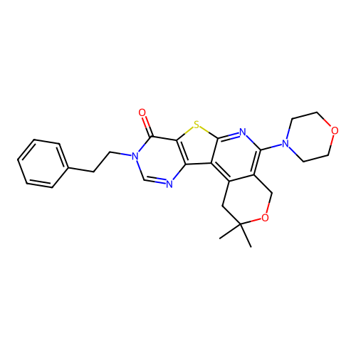 2,2-dimethyl-5-morpholino-9-phenethyl-4,9-dihydro-1H-pyrano[4'',3'':4',5']pyrido[3',2':4,5]thieno[3,2-d]pyrimidin-8(2H)-one structure