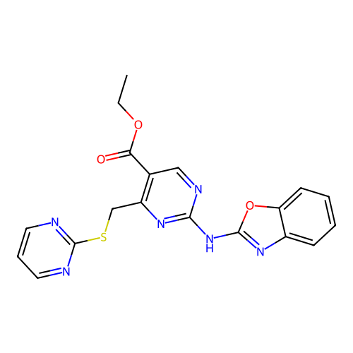 ethyl 2-(1,3-benzoxazol-2-ylamino)-4-[(pyrimidin-2-ylsulfanyl)methyl]pyrimidine-5-carboxylate structure