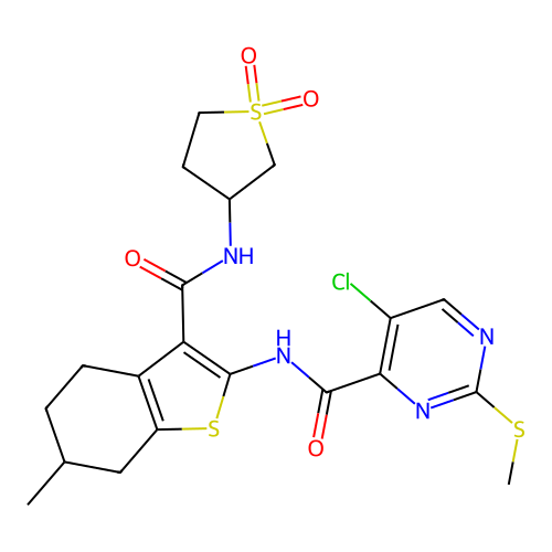 5-chloro-N-[3-[(1,1-dioxothiolan-3-yl)carbamoyl]-6-methyl-4,5,6,7-tetrahydro-1-benzothiophen-2-yl]-2-methylsulfanylpyrimidine-4-carboxamide structure