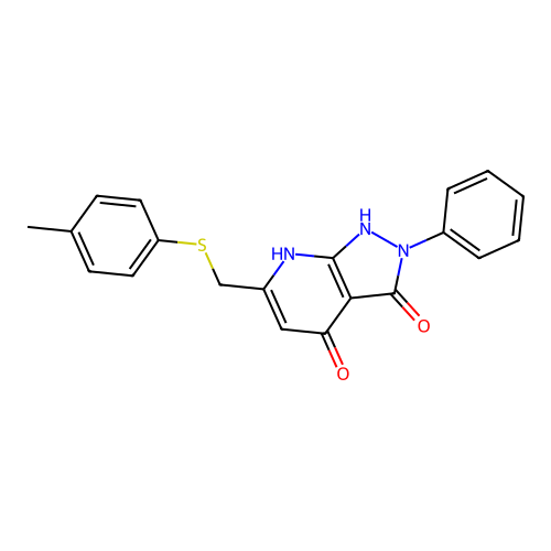2-phenyl-6-((p-tolylthio)methyl)-1H-pyrazolo[3,4-b]pyridine-3,4(2H,7H)-dione structure