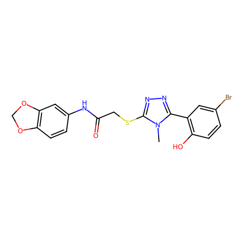 N-(1,3-benzodioxol-5-yl)-2-{[5-(5-bromo-2-hydroxyphenyl)-4-methyl-4H-1,2,4-triazol-3-yl]sulfanyl}acetamide structure