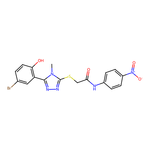 2-((5-(5-bromo-2-hydroxyphenyl)-4-methyl-4H-1,2,4-triazol-3-yl)thio)-N-(4-nitrophenyl)acetamide structure