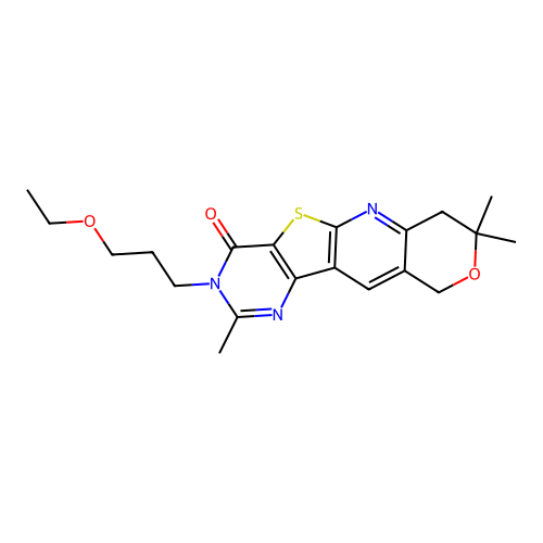 3-(3-ethoxypropyl)-2,8,8-trimethyl-7,8-dihydro-3H-pyrano[3'',4'':5',6']pyrido[3',2':4,5]thieno[3,2-d]pyrimidin-4(10H)-one structure