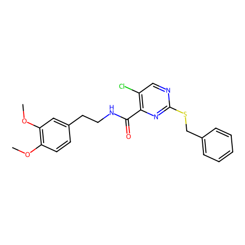 2-(benzylsulfanyl)-5-chloro-N-[2-(3,4-dimethoxyphenyl)ethyl]pyrimidine-4-carboxamide structure