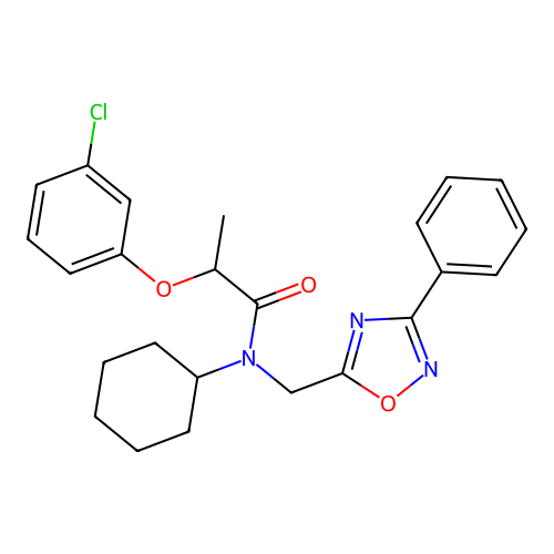 2-(3-chlorophenoxy)-N-cyclohexyl-N-[(3-phenyl-1,2,4-oxadiazol-5-yl)methyl]propanamide structure