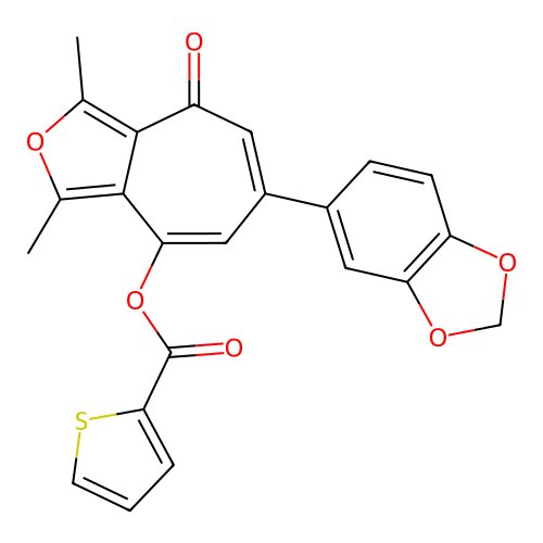 6-(benzo[d][1,3]dioxol-5-yl)-1,3-dimethyl-4-oxo-4H-cyclohepta[c]furan-8-yl thiophene-2-carboxylate structure