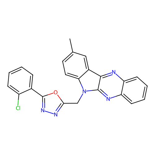 2-(2-chlorophenyl)-5-({9-methyl-6H-indolo[2,3-b]quinoxalin-6-yl}methyl)-1,3,4-oxadiazole structure