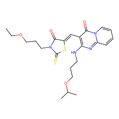 (5Z)-3-(3-ethoxypropyl)-5-[[4-oxo-2-(3-propan-2-yloxypropylamino)pyrido[1,2-a]pyrimidin-3-yl]methylidene]-2-sulfanylidene-1,3-thiazolidin-4-one structure