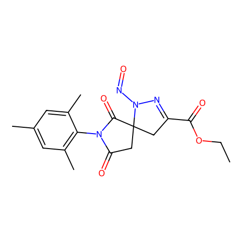 ethyl 7-mesityl-1-nitroso-6,8-dioxo-1,2,7-triazaspiro[4.4]non-2-ene-3-carboxylate structure