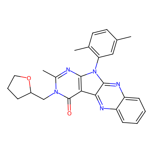11-(2,5-dimethylphenyl)-2-methyl-3-((tetrahydrofuran-2-yl)methyl)-3H-pyrimido[5',4':4,5]pyrrolo[2,3-b]quinoxalin-4(11H)-one structure