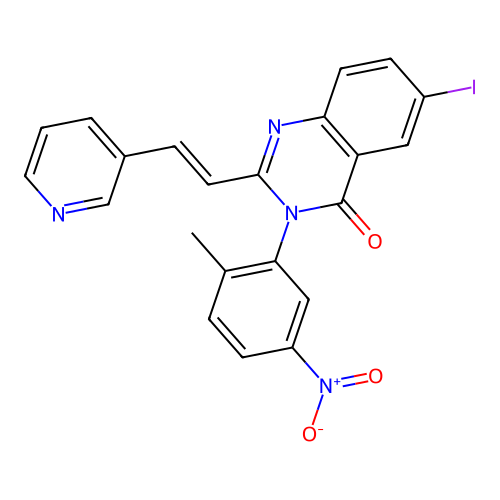(E)-6-iodo-3-(2-methyl-5-nitrophenyl)-2-(2-(pyridin-3-yl)vinyl)quinazolin-4(3H)-one structure