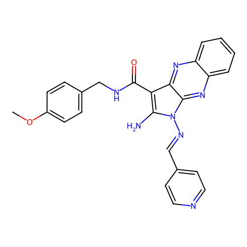 (E)-2-amino-N-(4-methoxybenzyl)-1-((pyridin-4-ylmethylene)amino)-1H-pyrrolo[2,3-b]quinoxaline-3-carboxamide structure