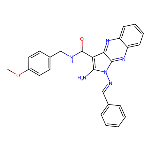 (E)-2-amino-1-(benzylideneamino)-N-(4-methoxybenzyl)-1H-pyrrolo[2,3-b]quinoxaline-3-carboxamide structure
