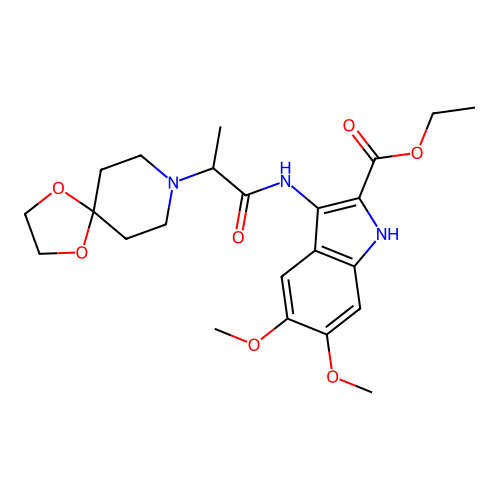 ethyl 3-(2-(1,4-dioxa-8-azaspiro[4.5]decan-8-yl)propanamido)-5,6-dimethoxy-1H-indole-2-carboxylate structure
