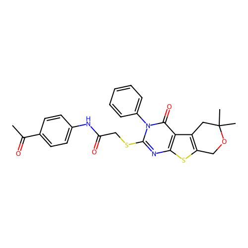 N-(4-acetylphenyl)-2-((6,6-dimethyl-4-oxo-3-phenyl-4,5,6,8-tetrahydro-3H-pyrano[4',3':4,5]thieno[2,3-d]pyrimidin-2-yl)thio)acetamide structure