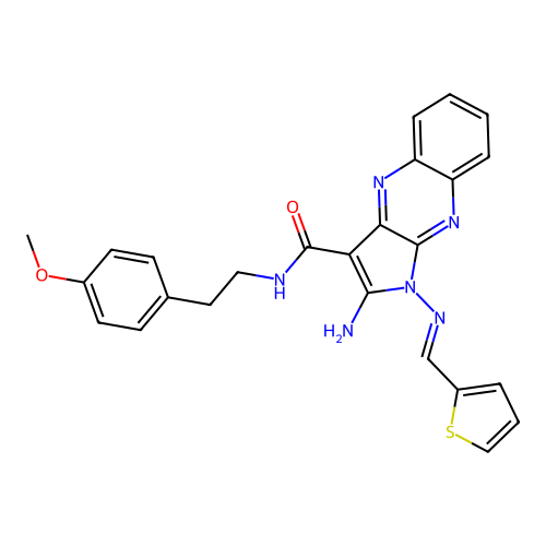(E)-2-amino-N-(4-methoxyphenethyl)-1-((thiophen-2-ylmethylene)amino)-1H-pyrrolo[2,3-b]quinoxaline-3-carboxamide structure