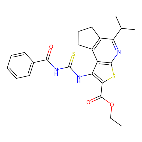 ethyl 1-(3-benzoylthioureido)-5-isopropyl-7,8-dihydro-6H-cyclopenta[d]thieno[2,3-b]pyridine-2-carboxylate structure