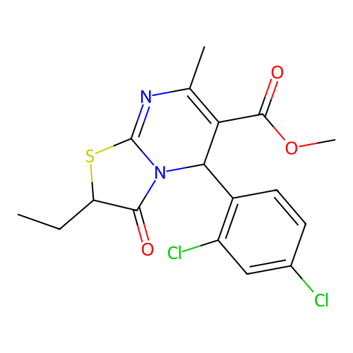 methyl 5-(2,4-dichlorophenyl)-2-ethyl-7-methyl-3-oxo-2,3-dihydro-5H-[1,3]thiazolo[3,2-a]pyrimidine-6-carboxylate structure