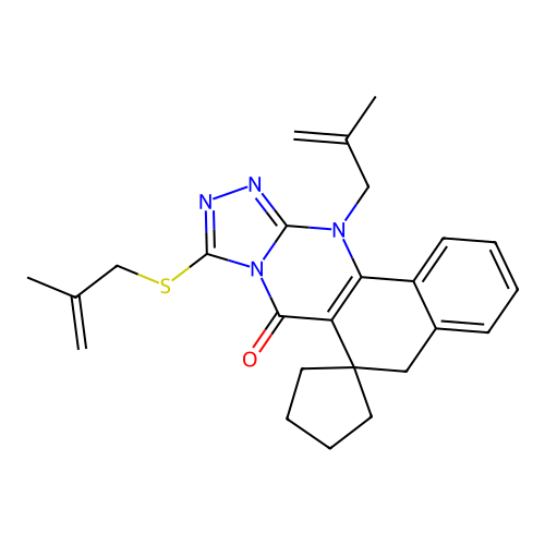 12-(2-methylallyl)-9-((2-methylallyl)thio)-5H-spiro[benzo[h][1,2,4]triazolo[3,4-b]quinazoline-6,1'-cyclopentan]-7(12H)-one structure