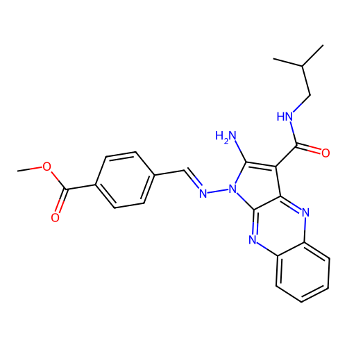 (E)-methyl 4-(((2-amino-3-(isobutylcarbamoyl)-1H-pyrrolo[2,3-b]quinoxalin-1-yl)imino)methyl)benzoate structure