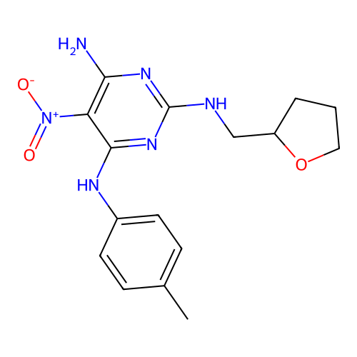5-Nitro-N-(tetrahydro-furan-2-ylmethyl)-N'-p-tolyl-pyrimidine-2,4,6-triamine structure
