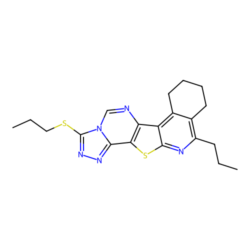 11-propyl-3-(propylsulfanyl)-7,8,9,10-tetrahydro[1,2,4]triazolo[4'',3'':1',6']pyrimido[4',5':4,5]thieno[2,3-c]isoquinoline structure