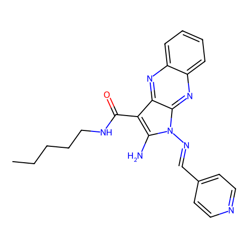 (E)-2-amino-N-pentyl-1-((pyridin-4-ylmethylene)amino)-1H-pyrrolo[2,3-b]quinoxaline-3-carboxamide structure