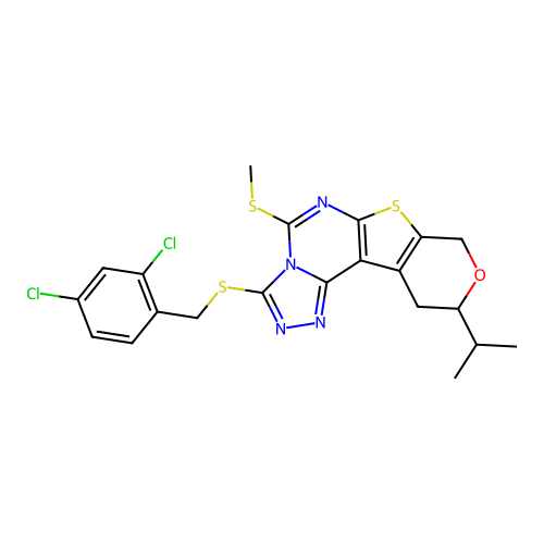 3-((2,4-dichlorobenzyl)thio)-10-isopropyl-5-(methylthio)-10,11-dihydro-8H-pyrano[4',3':4,5]thieno[3,2-e][1,2,4]triazolo[4,3-c]pyrimidine structure