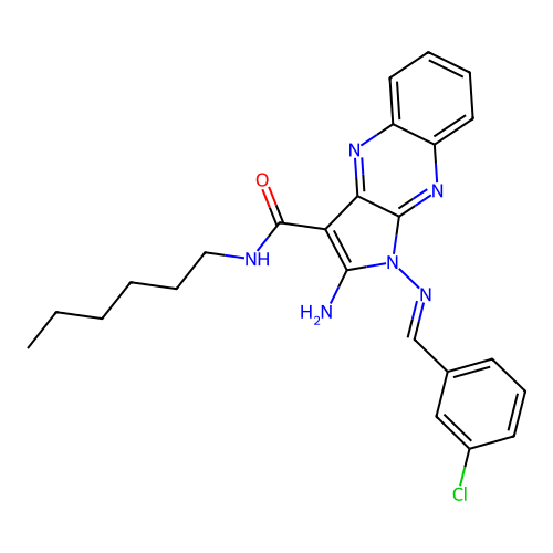 (E)-2-amino-1-((3-chlorobenzylidene)amino)-N-hexyl-1H-pyrrolo[2,3-b]quinoxaline-3-carboxamide structure