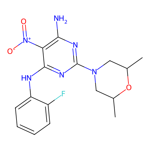 2-(2,6-dimethylmorpholino)-N4-(2-fluorophenyl)-5-nitropyrimidine-4,6-diamine structure