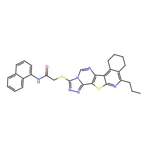 N-(naphthalen-1-yl)-2-((11-propyl-7,8,9,10-tetrahydro-[1,2,4]triazolo[4'',3'':1',6']pyrimido[4',5':4,5]thieno[2,3-c]isoquinolin-3-yl)thio)acetamide structure
