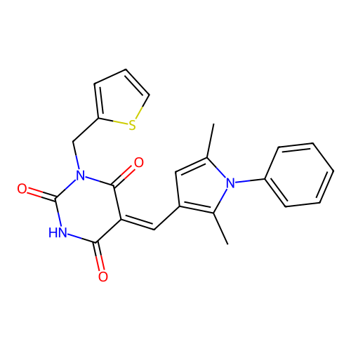(5Z)-5-[(2,5-dimethyl-1-phenyl-1H-pyrrol-3-yl)methylidene]-6-hydroxy-3-(thiophen-2-ylmethyl)pyrimidine-2,4(3H,5H)-dione structure
