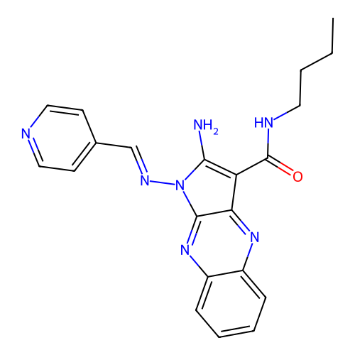 (E)-2-amino-N-butyl-1-((pyridin-4-ylmethylene)amino)-1H-pyrrolo[2,3-b]quinoxaline-3-carboxamide structure